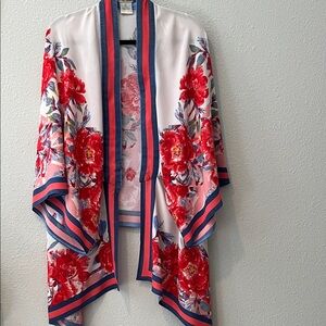 Flying Tomato Red & Blue Kimono
Open front draped Bold Floral Print
Sz M/L